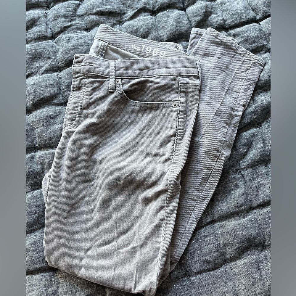 Grey corduroy slim fit ankle pants.